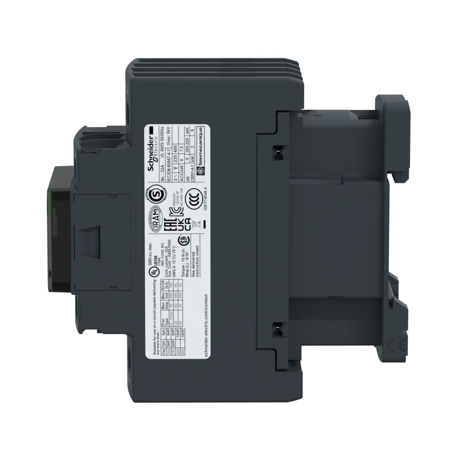 Contator IEC, TeSys Deca, não reversível, resistivo de 32 A, 4 polos, 4 NA (normalmente abertos), bobina de 120 VCA 50/60 Hz, tipo aberto, LC1DT32G7