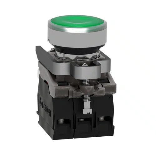 Botão luminoso Ø22mm metálico, retorno por mola, verde, NA+NF, 24VCA/CC, XB4BW33B5