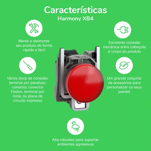 Botão luminoso Ø22mm metálico, retorno por mola, verde, NA+NF, 24VCA/CC, XB4BW33B5