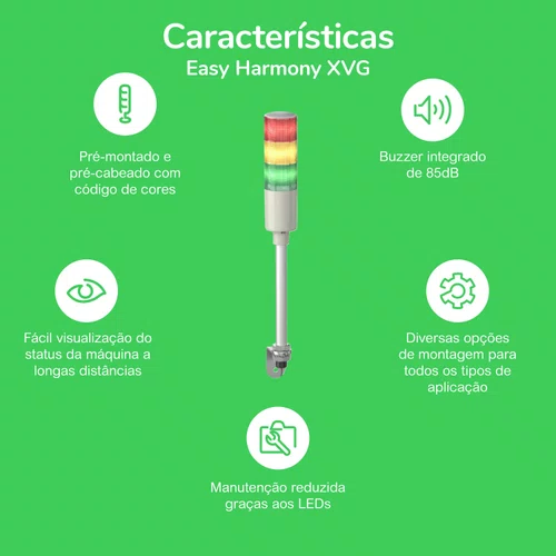 Coluna luminosa Ø60mm pré-montada, buzzer, LED vermelho, verde, amarelo, 24VCA/CC, tubo de montagem em alumínio e placa de fixação, XVGB3SH