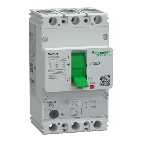 Disjuntor GoPact MCCB 200, 3 polos, 25 kA a 415 VCA, 100A, unidade de disparo TMD, proteção térmica ajustável, até 50 °C, G20B3A100