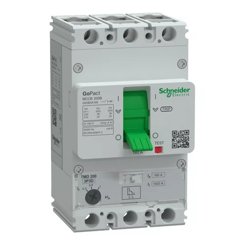 Disjuntor GoPact MCCB 200, 3 polos, 25 kA a 415 VCA, capacidade de 160 A, unidade de disparo TMD, proteção térmica ajustável, G20B3A160