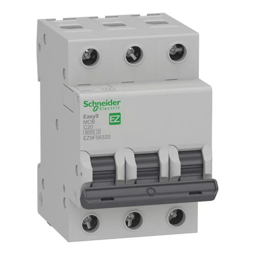 Mini disjuntor Easy9 3P, 20A, Curva C, 6kA em 400VCA (60898-1), EZ9F56320