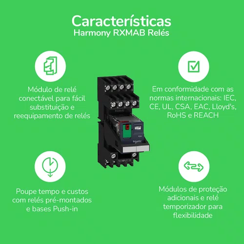 Relé de interface, 6A, 4NAF, botão de teste, LED, 24VCC, RXM4AB2BD