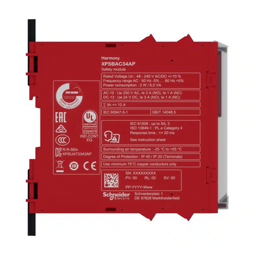 Relé de Segurança Cat. 4 - PL e / SILCL 3 - 2 Canais de Entrada - 6 Saídas (4 NA/1NF) - Conector Parafuso - 48/240 Vac/dc, XPSBAC34AP