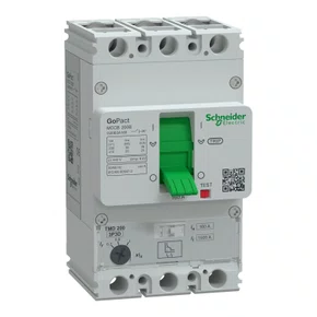 Disjuntor GoPact MCCB 200, 3 polos, 25 kA a 415 VCA, capacidade de 160 A, unidade de disparo TMD, proteção térmica ajustável, G20B3A160